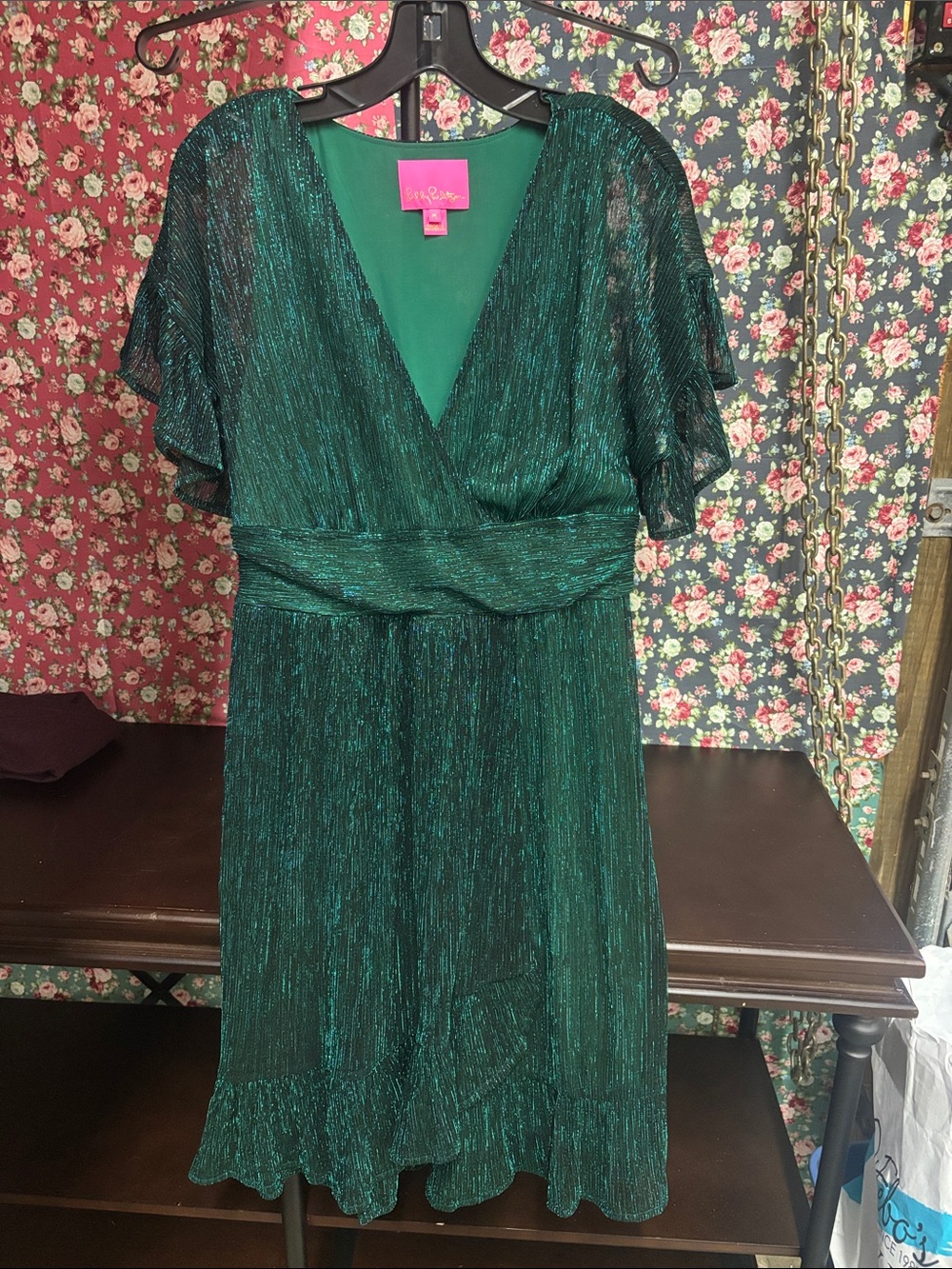 Betsey Johnson Metallic Emerald V-Neck Flutter-Sleeve Dress